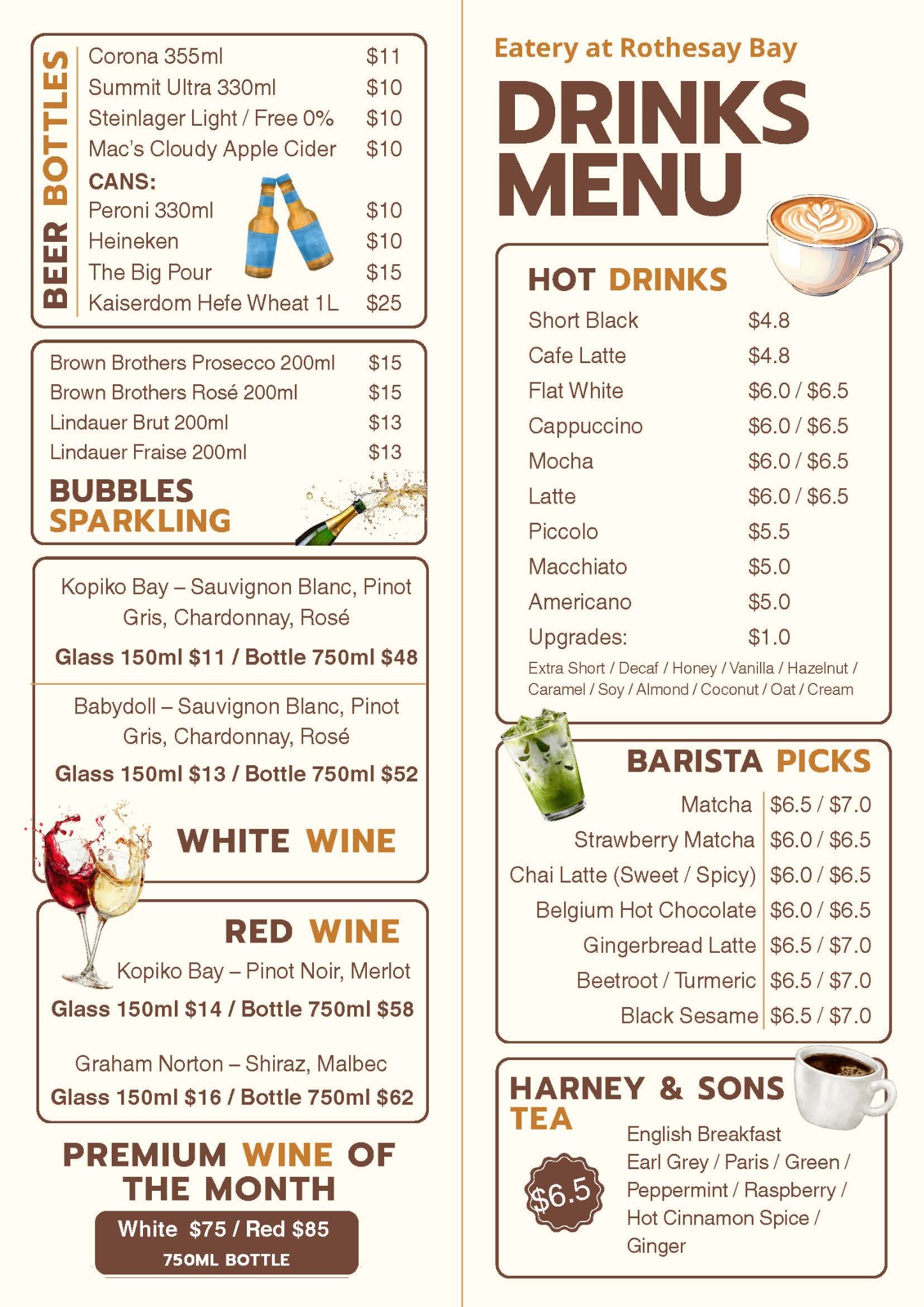 North Star hot drinks, beer and wine menu